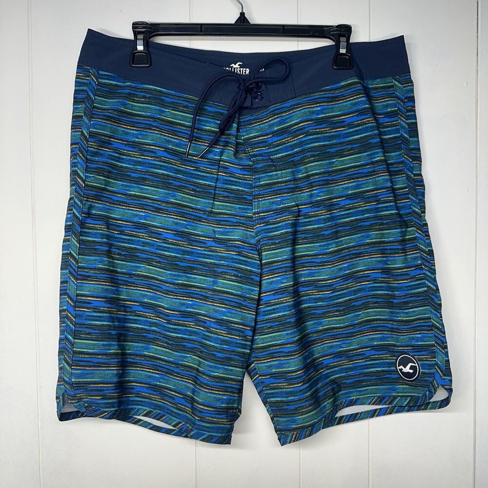 Hollister Men’s Board Shorts Size 34 Blue Green Stripe Swim Trunks